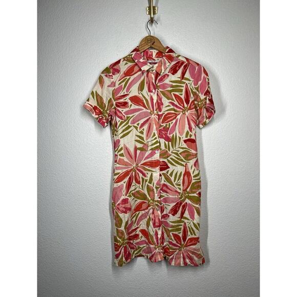 Nicole Miller Washable Linen Tropical Floral Button Shirt Shift Dress Small - Picture 1 of 4